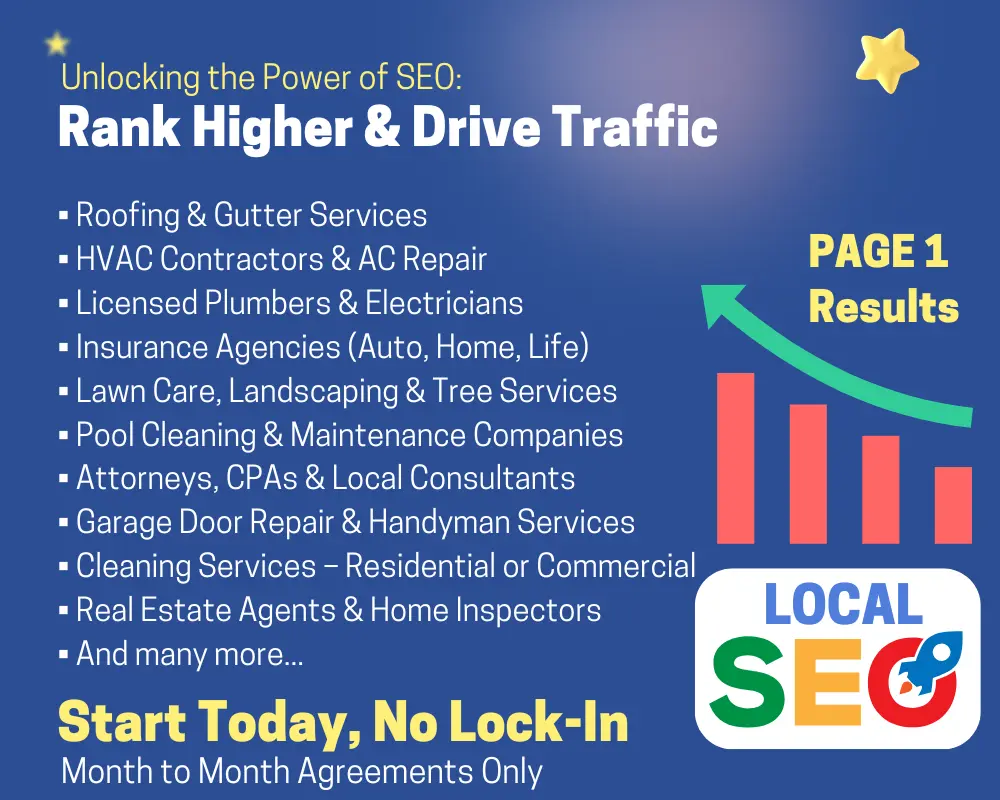 Local SEO services for small businesses — drive traffic and rank on page 1 of Google. Ideal for roofers, HVAC, plumbers, insurance agents, and more.