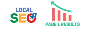 Local SEO page 1 results graphic showing a rising bar chart and rocket logo for small business marketing visibility